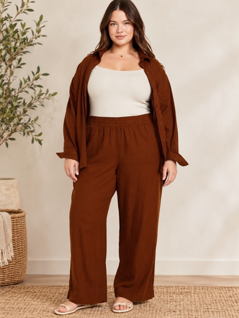 Old Navy Brown Linen Blend Super Wide Leg Pants L High Rise Fall Boho Fall Loose